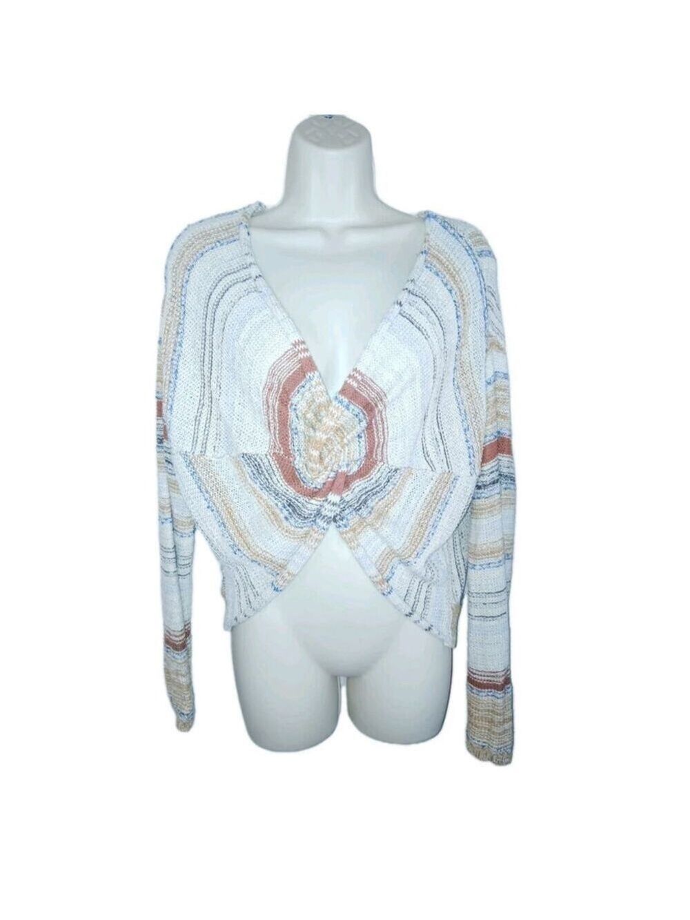 Crop Top XL Long Sleeved Knit Knot V Neck Sweater Striped Multicolor